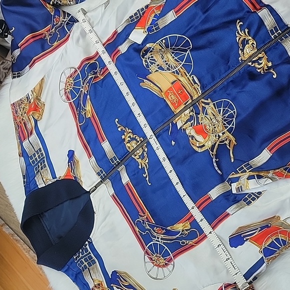 STAGECOACH Print Old Money Reversible Navy Blue Satin Zip Preppy Bomber Jacket - Picture 7 of 9